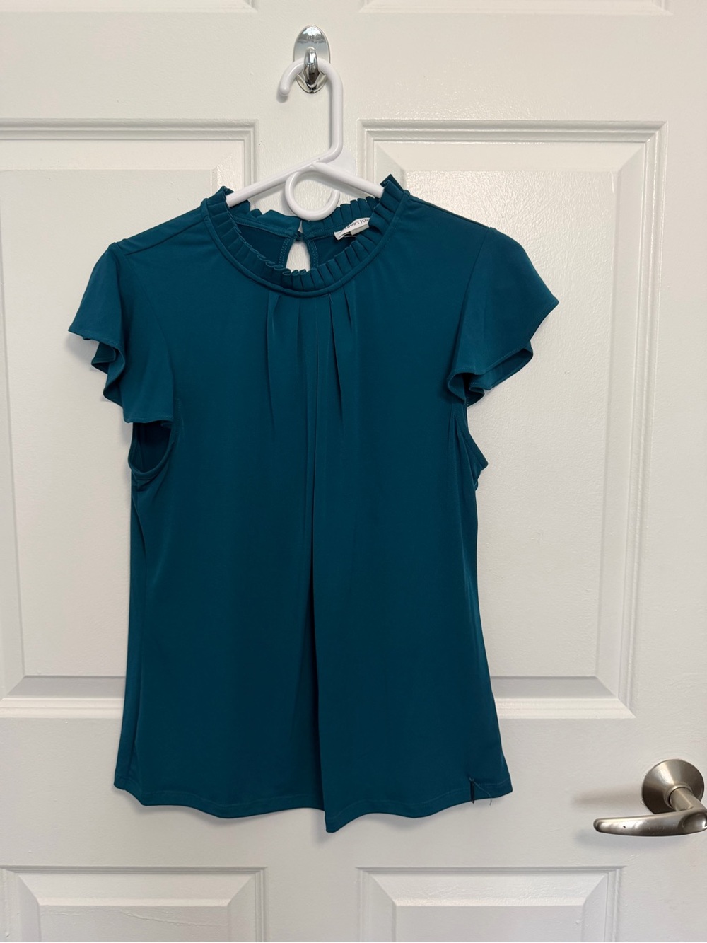 Calvin Klein Teal Ruffle Neck Flutter Sleeve Blouse
